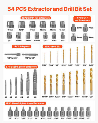 Screw Extractor Set with Drill Bits, 54 Pieces, or Stripped Fasteners