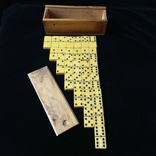 28 Butterscotch Celluloid Dominoes Set With Brass Spinners And Original Wood Box