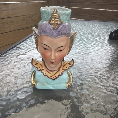 Vintage Asian Lady Head Mini Vase Celadon Jade Gold Japan Mid Century Japan 1950