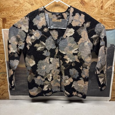 Peruvian Connection Black Floral Cardigan Sweater Sz XL Vintage EUC Tree