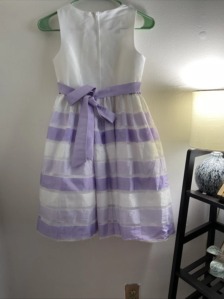 Vestido Princesa Americana Niñas Talla 12 Blanco Lavanda Rayas Fiesta Formal Lazo Foto 3 de 4