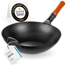 Carbon Steel Wok Pan 13.5" - Flat Bottom Stir Fry for Induction, Gas, BBQ, Ca...