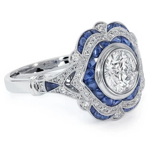 3Ct Art Deco Lab-Created Diamond & Sapphire 14K White Gold FN Engagement Ring