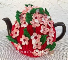 Crochet tea cozy red tea cover cherry blossom tea cosy warmer crochet sakura 