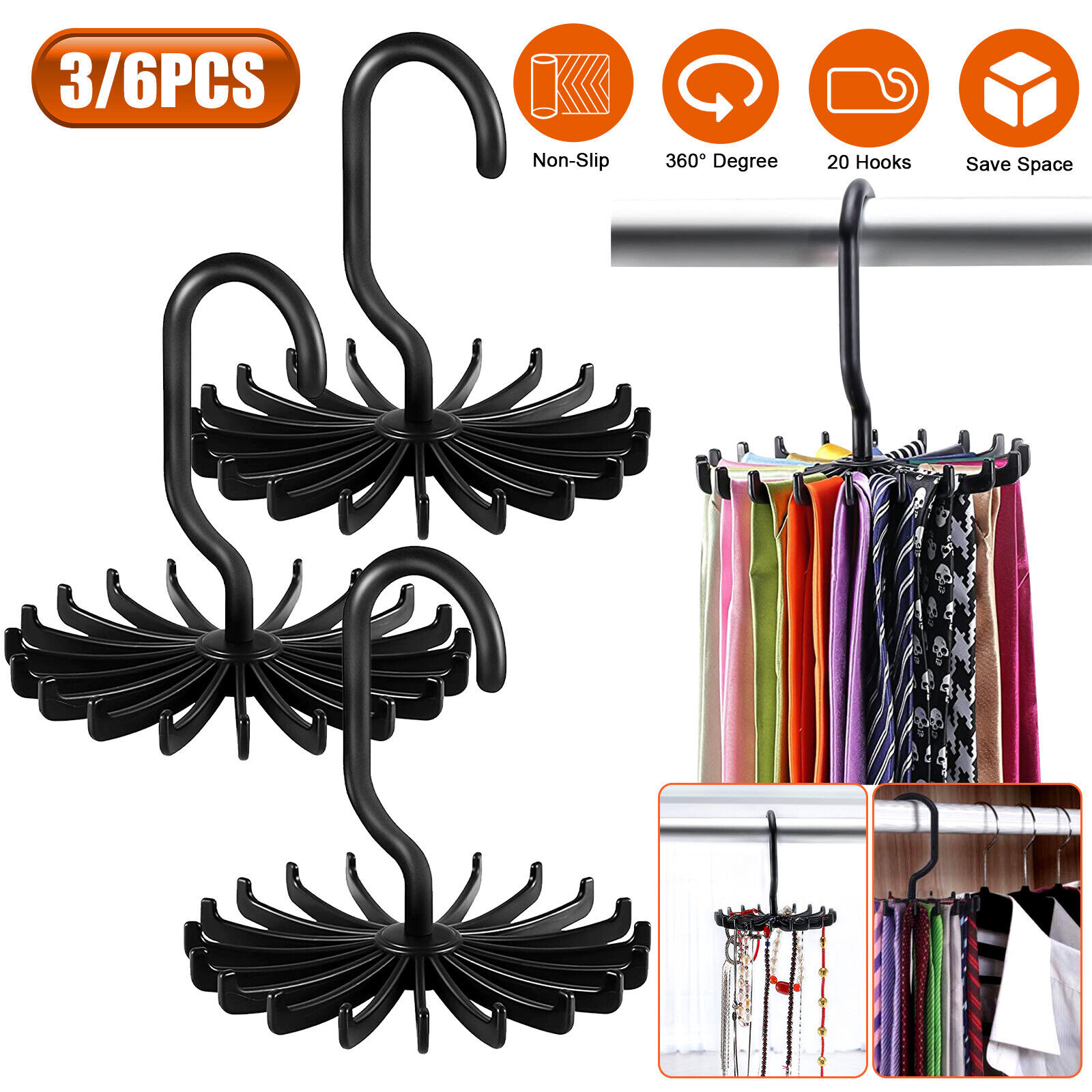 3/6 PCS 360° Rotatable Tie Rack Hanger Organizer Scarf Belt Hook