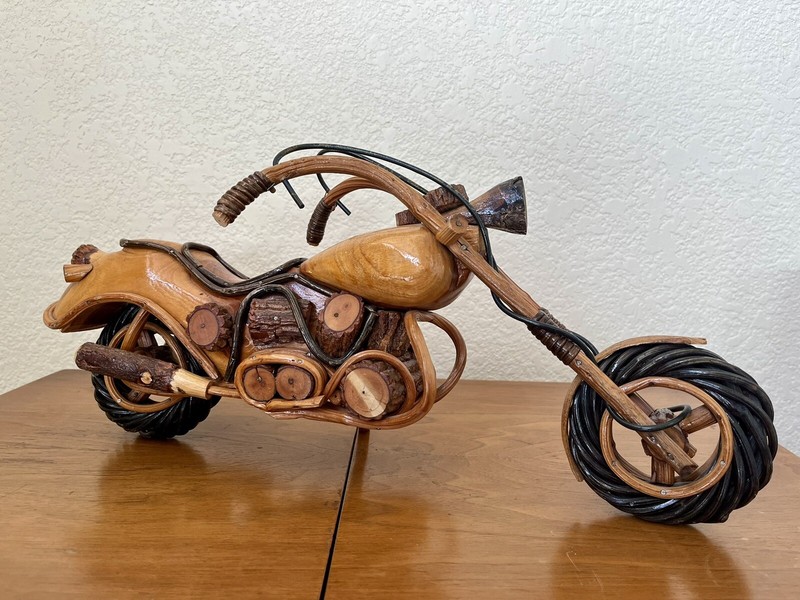 Hand Crafted Wooden Harley Style Motorcycle Wood Carved Art- 13” Long