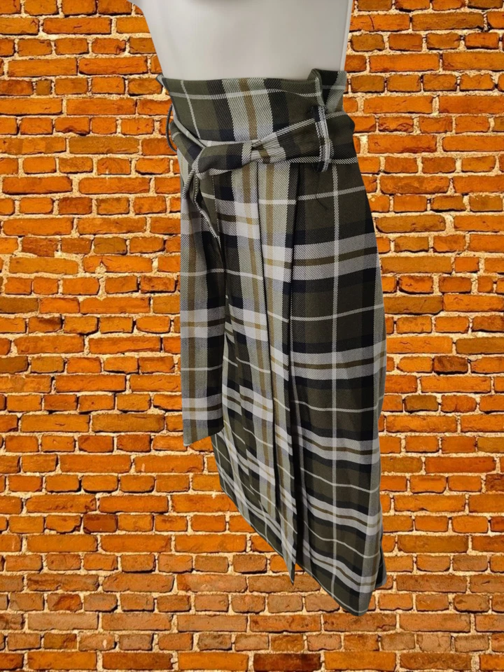 H&M GREEN SKIRT SIZE UK 8 WOMENS LONG PAPER BAG BELTED CHECKERED ZIP UP MIDI  - Image 2 of 4