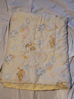 Vintage baby comforter yellow polka dot cat rabbit balloons 42 x 34 