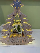 MARTHA STEWART Christmas LED Light Up Wooden Tree Laser Die-Cut Snowy Village 