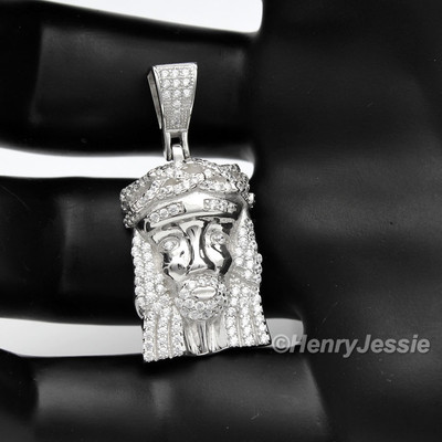 MEN 925 STERLING SILVER ICY BLING CUBIC ZIRCONIA SMALL JESUS FACE ...