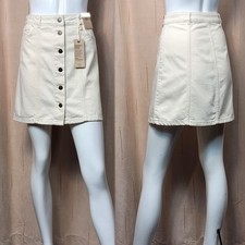 MINI GONNA IN DENIM M&S A-LINE BOTTONI davanti ~ taglia 16 ~ ECRU