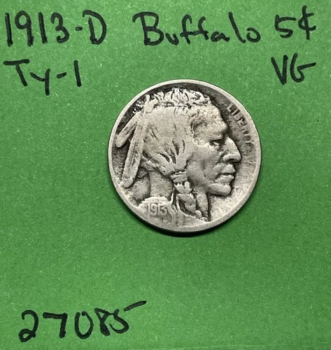 1913-D Type-1 Buffalo 🦬 Indian Head Nickel 5c Piece Vg Very Good