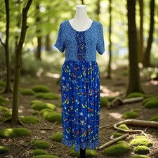 Leisure Wear By Adonna Blue Fish Print Rayon Dress Medium Vintage Cottagecore