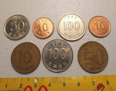 Vintage South Korea 7 Coins: 10, 50, 100 Won 1971 to 2013