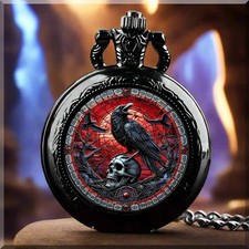 Mens Pocket Watch Mechanical Black Crow Steampunk Skeleton Retro Chain Classic