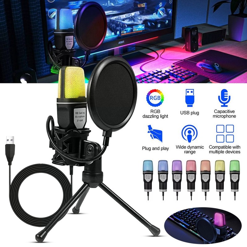 RGB USB Condenser Recording Microphone Pop Filter Mic for PS4 PS5 PC Laptop