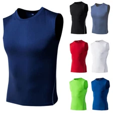 Mens Compression Workout Gym Tank Tops Running Cool Dry Elastic Vest T Shirt Tee