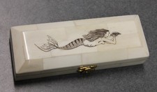 Antique Style Mermaid Scrimshaw Etched Bone & Wood Trinket Stamp Jewelry Box