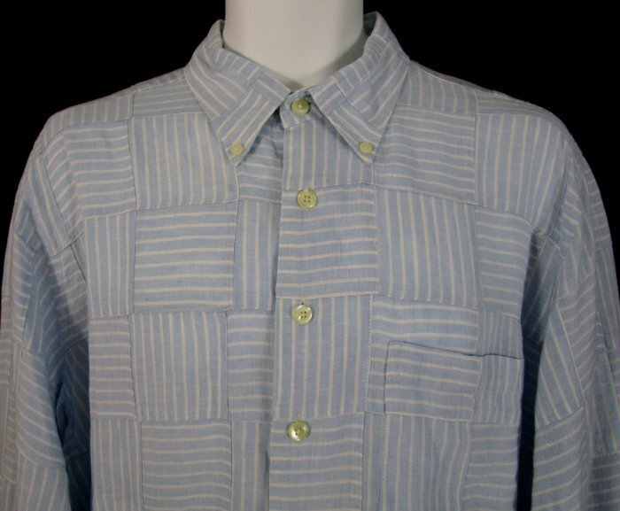 MINE Blue Patchwork Linen Button-Down Shirt Large - image 3