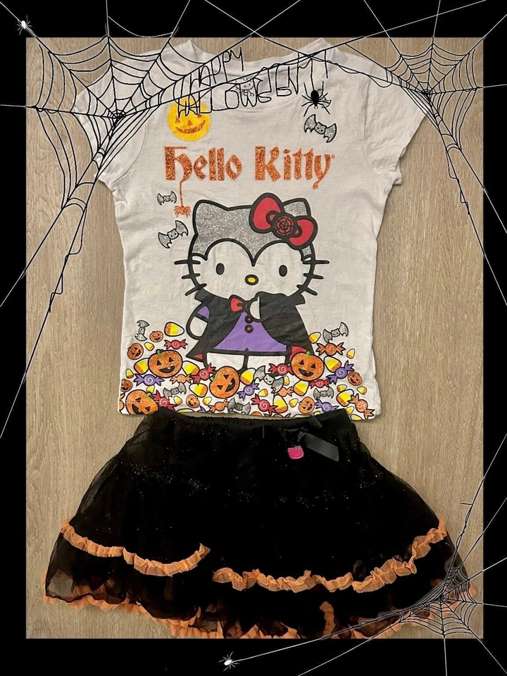 HELLO KITTY 2 piezas Niñas TALLA 5T 🎃 Conjunto de camiseta y tutú brillante de Halloween de Sanrio Foto 2 de 4