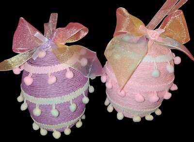 Set of 2 Shabby Whimsical Pom Pom Pastel Pink Lavender 5'' Easter Egg Ornaments