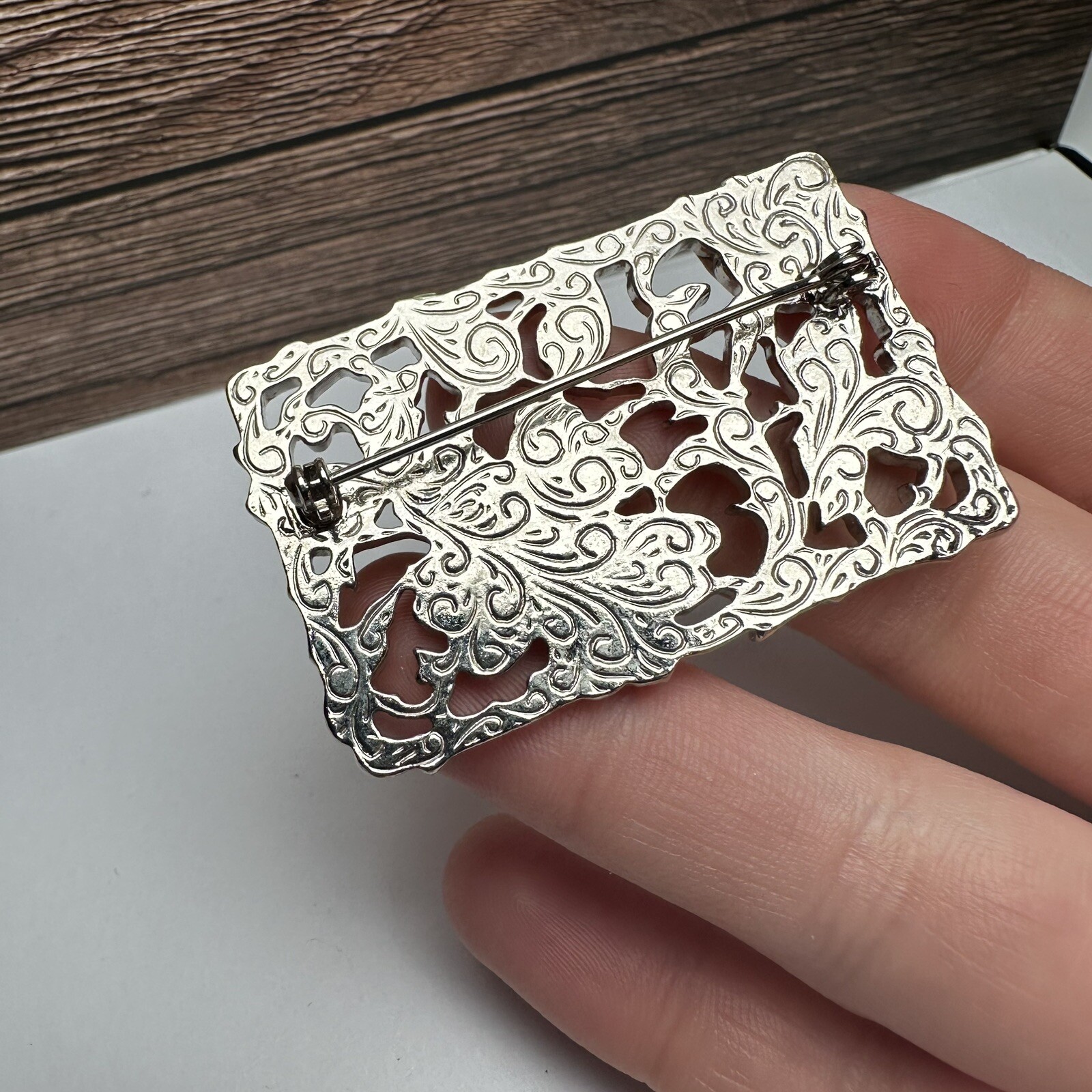 1928 Rhinestone & Enamel Rectangular Brooch Pin S… - image 8