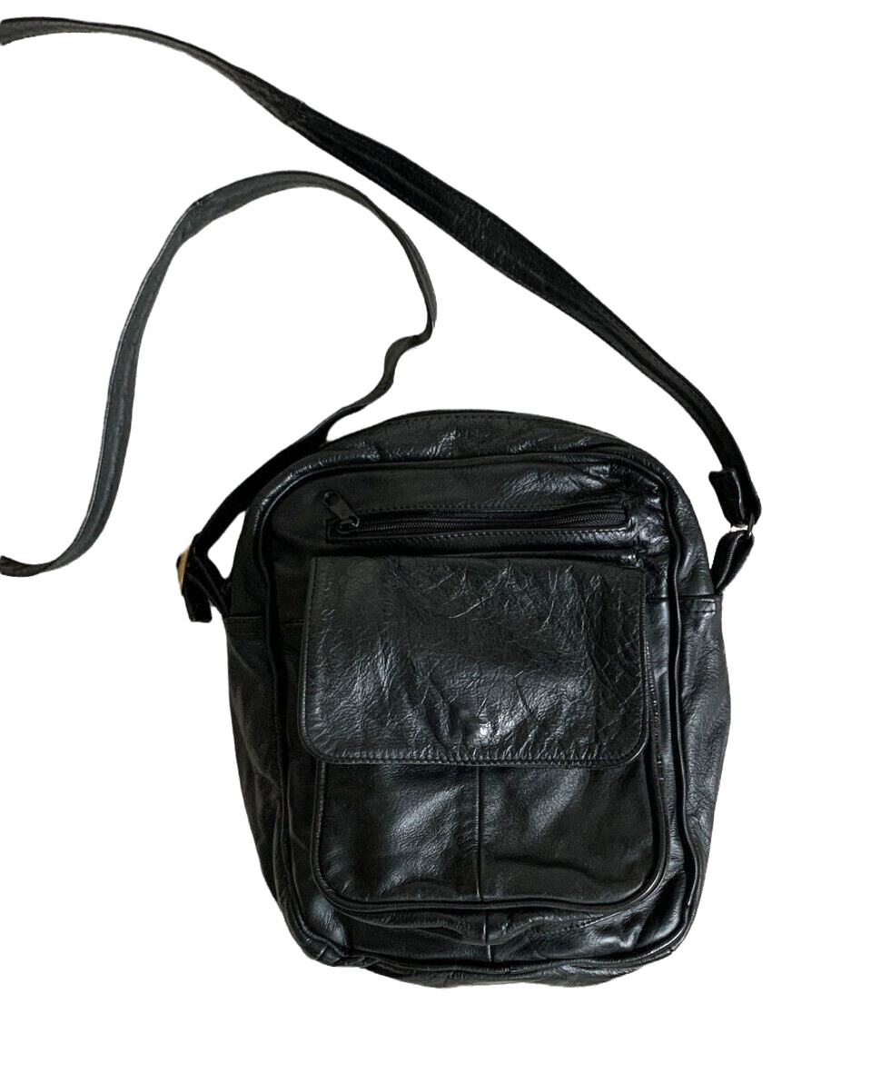 Black Leather Messenger Bag Crossbody Travel Expandab… Gem