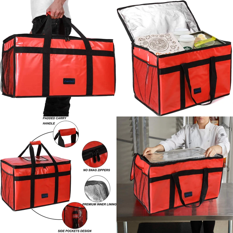 cherrboll Insulated Food Delivery Bag -23x14x15, Premium Large, Red