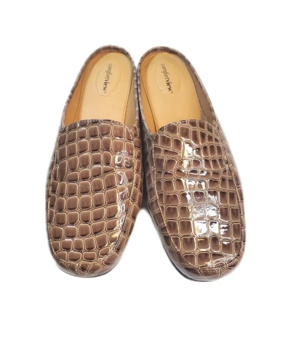 Comfortview Estelle Brown Beige Slip On Faux Crocodile Flat Mules Size