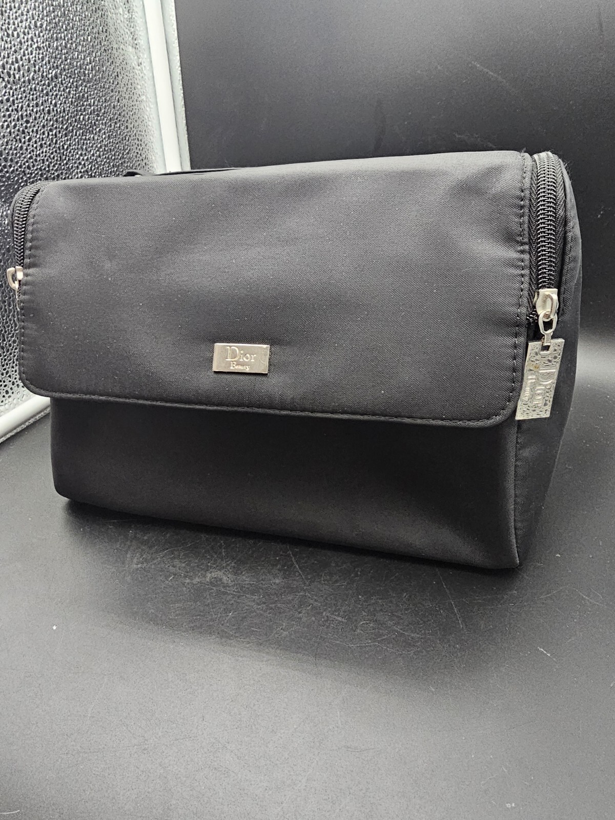 Christian Dior Black Nylon Beauty Makeup Pouch Cosmetic Case With Handle Travel