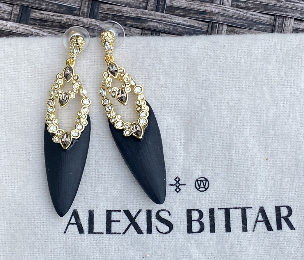 100% Alexis Bittar Black Lucite Crystal Lace Imperial Earrings $275