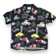 Vintage Paradise Found Shirt Black Drag Racing Printed Short Sleeve Button Front