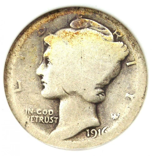1916-D Mercury Dime 10C Coin - Certified ANACS AG3 - Rare Key Date!