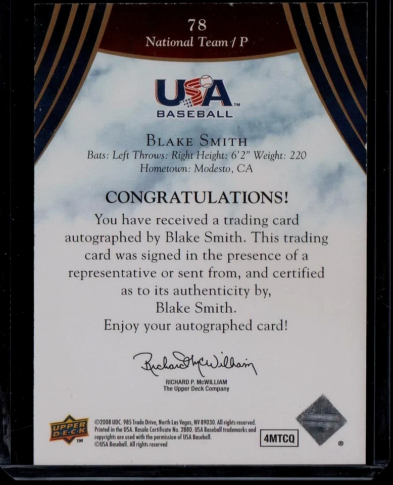 Blake Smith 2008 UD USA Baseball National Team Gold Auto (RC) 161/175 Mint+ - Image 2 of 2