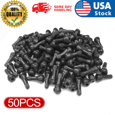 50-Pack TR413 Short Black Rubber Tire Valve Stems – Snap-in Tubeless For Cars & Trucks