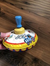Vintage Ohio Art Spinning Top Toy, Litho Tin Circus Animal Train, Wooden Knob