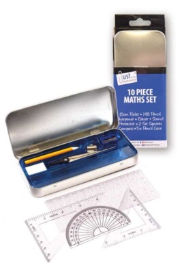 10-teiliges Mathe Set - Geometrie Kompass Lineal Winkelmesser Quadrat Schule - Blechkoffer