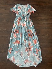 Story Floral Maxi Dress Womens Size S Blue Coral Summer Hi Low Stretch Vtg Y2k