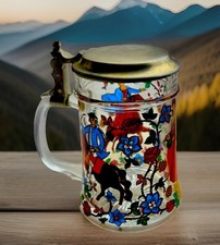 Bierseidel  aus Glas mit Zinndeckel, bemahlt