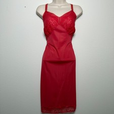 VTG 40s 50s Babydoll Slip Dress Large 100% Nylon Red Midi Lace Trim Fairy Sultry