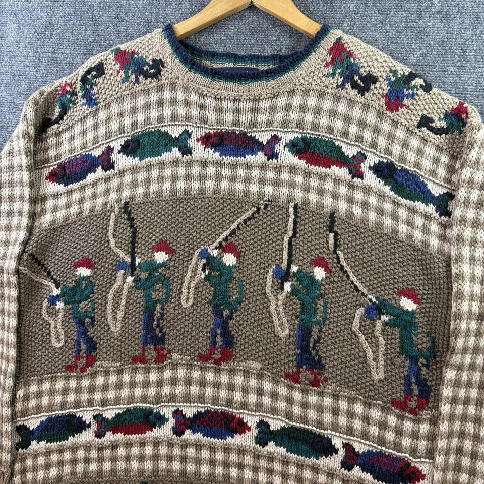 VTG FLY FISHING Hand Knit Fisherman Sweater Mens XL AOP RARE Northern Isles - Image 3 of 4