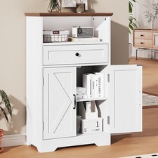 Farmhouse Floor Cabinet with Barn Doors Drawers - White Storage Organizer, 39.