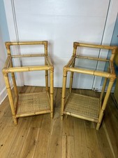 MCM Bamboo Wicker Bedside Tables, Glass Top, Vintage Bedroom Furniture, Boho