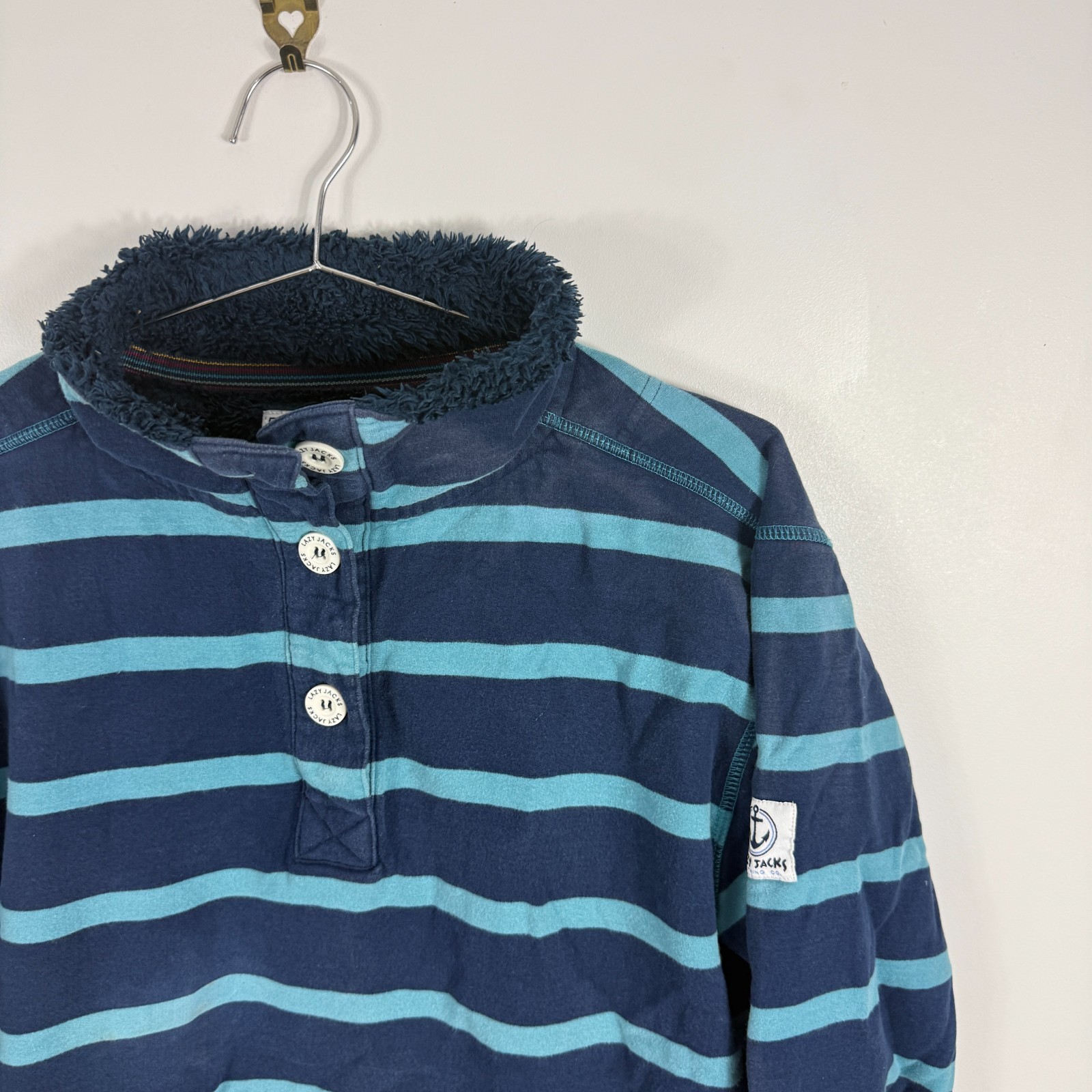 Women's VTG Lazy Jacks Navy Striped Sherpa Collar Button Neck Medium Sweatshirt image 2