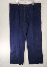 Eileen Fisher Womens M Dark Blue 100 Linen Wide Leg Pants Elastic w Tie Waist