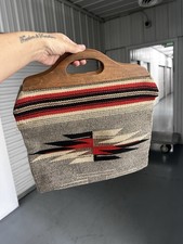 Rare 1930s Ganscraft Chimayo Handbag   Wood Handle   Handwoven Wool Gray Red
