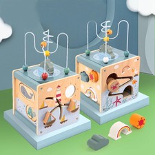 Wooden Activity Cube for Toddlers 5in1 Animal Shape Sorter Bead Maze Montessori