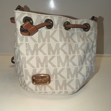 Michael Kors Logo Bucket Drawstring Shoulder Bag Beige Brown Gold Accent