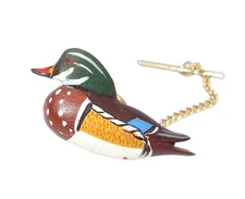 Vintage Mens Tie Tack Mallard Wood Duck Hand Painted by BJ Artisan w/Chain