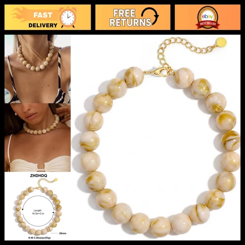 Beige Chunky Beaded Necklace, Colorful Round Ball Choker with Adjustable Chain - product listing photo